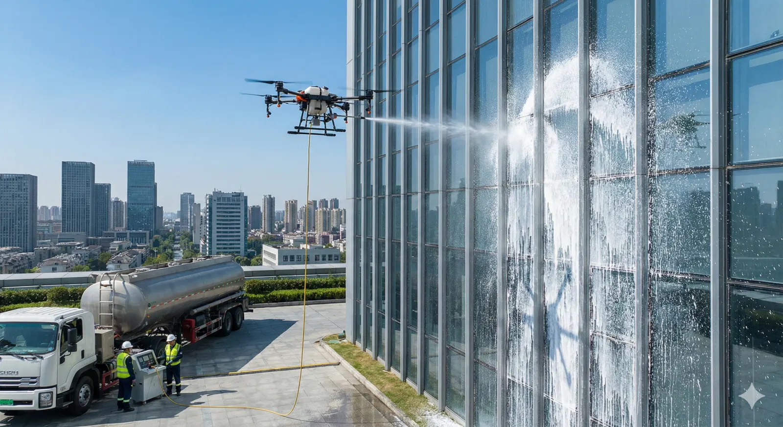 Drone cleaning a high structure